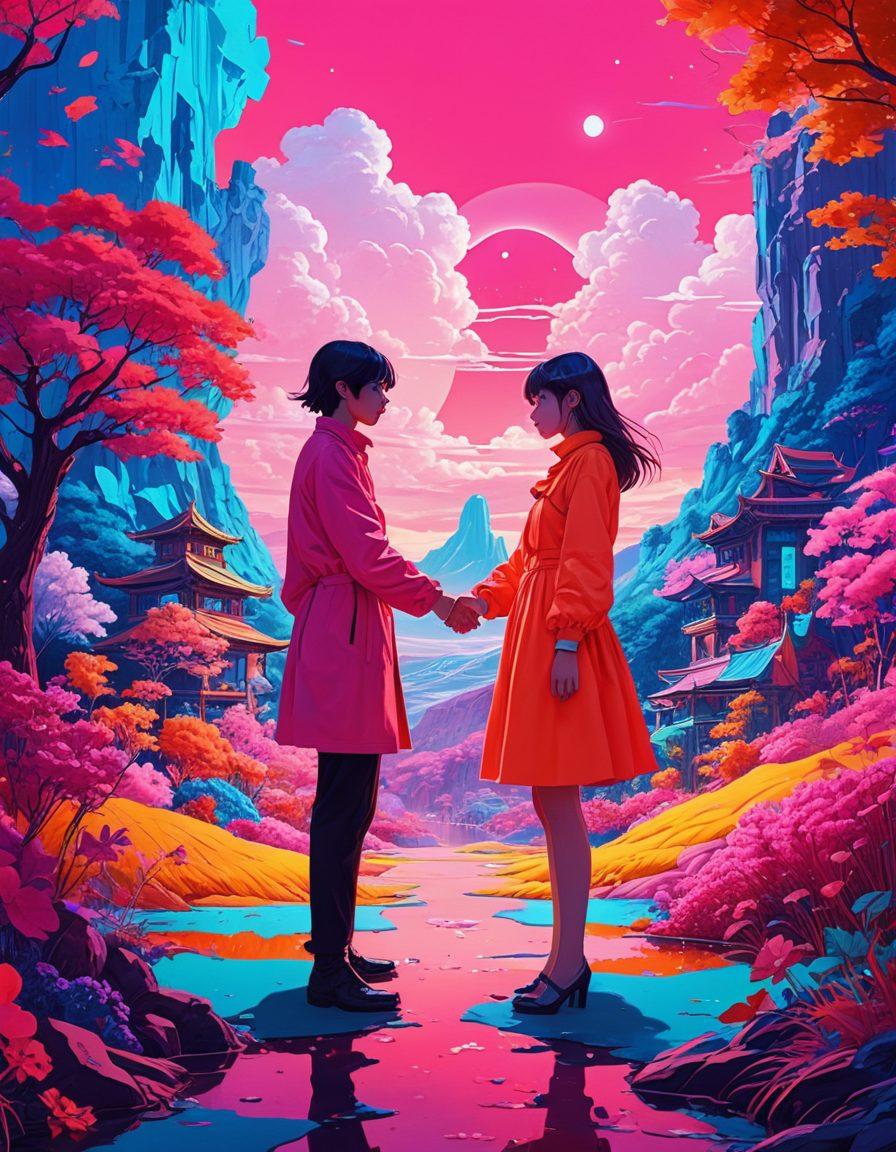 A vibrant collage of abstract and surreal anime-inspired characters engaging in intimate, playful interactions, set against a background of whimsical landscapes and neon colors. Emphasize sensual expressions and a captivating atmosphere, blending fantasy elements with a hint of intrigue. The composition should evoke curiosity and allure while maintaining artistic elegance. neon art style. vibrant colors. surrealistic.